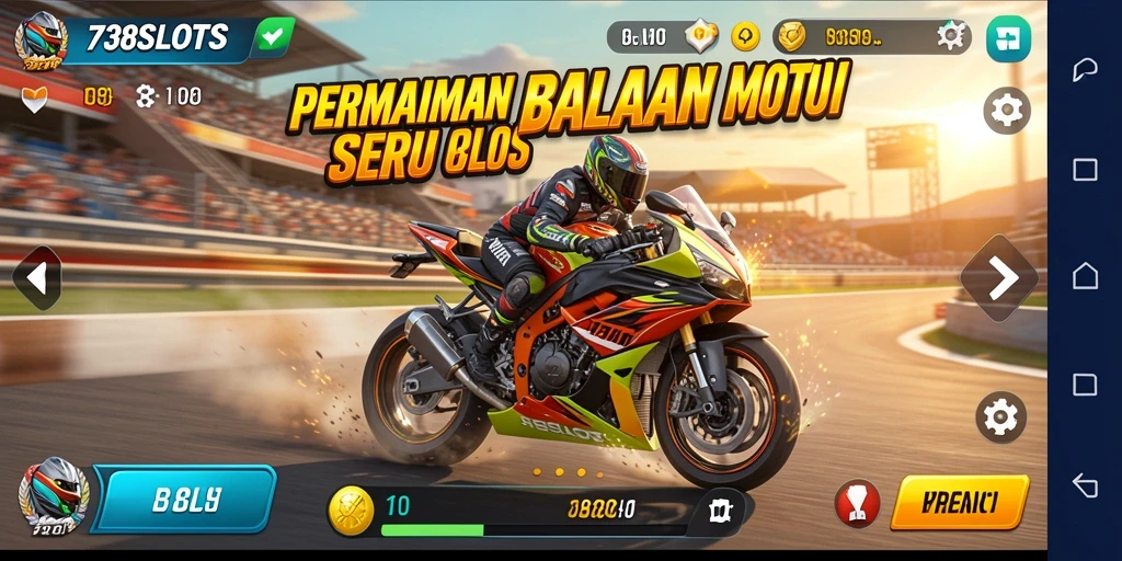 Screenshot gameplay 738SLOTS menampilkan aksi balap motor yang mendebarkan.