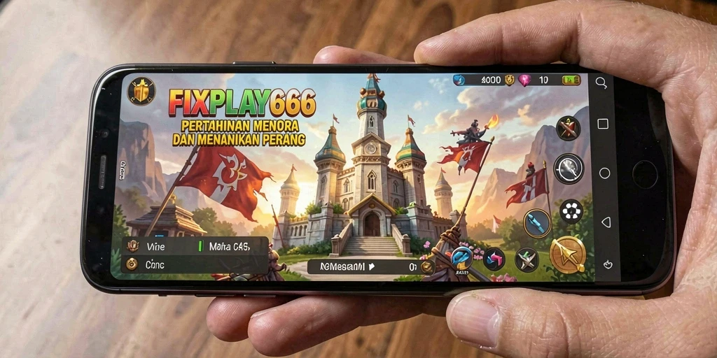 Screenshot gameplay FIXPLAY666 menunjukkan pertempuran menara yang intens.