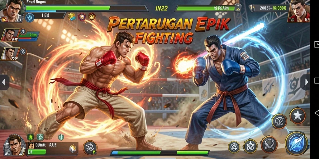 Tangkapan layar utama dari game Fighting IN22 yang menunjukkan aksi pertarungan mendebarkan.