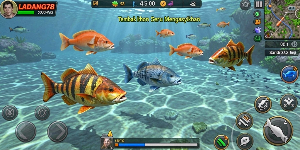 Screenshot LADANG78 menampilkan aksi seru menembak ikan di lautan.