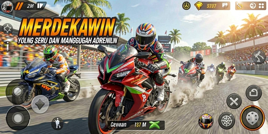 Tampilan gameplay seru dari MERDEKAWIN menampilkan balapan motor yang mendebarkan.