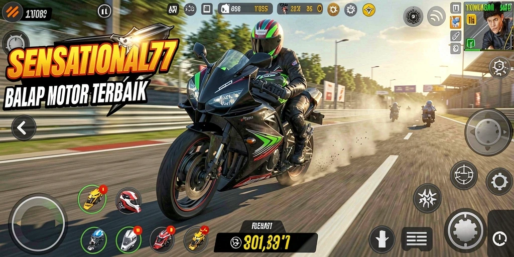 Screenshot gameplay SENSATIONAL77 menampilkan balapan motor yang seru.