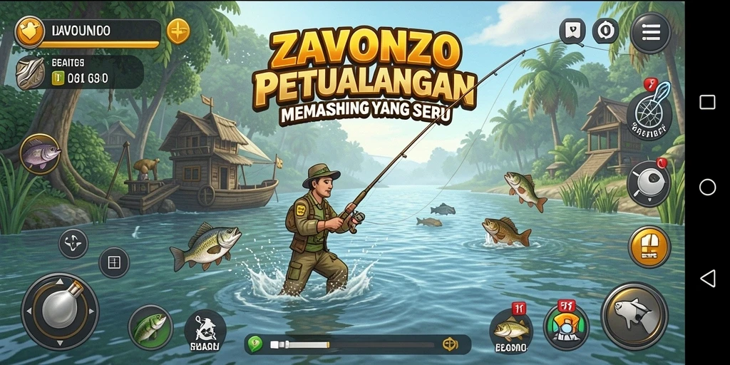 Gameplay ZAVONZO yang seru dengan berbagai jenis ikan.